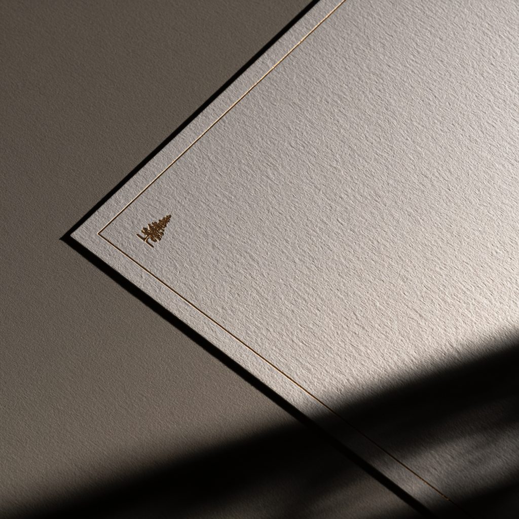 An elegant cream birch-paper card embossed with a small gold pine, in soft daylight