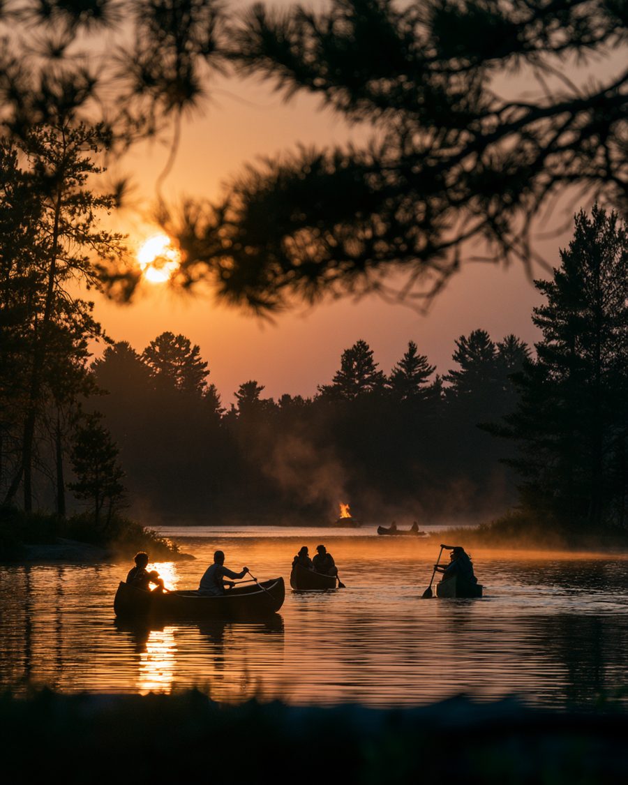 Campers canoeing on a calm boreal lake at sunset near Camp Auger