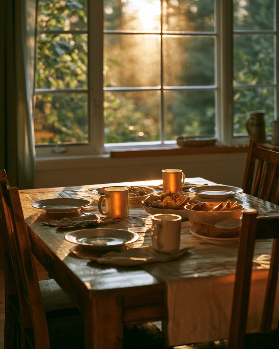 A shared family kitchen table in golden morning light in a northern home